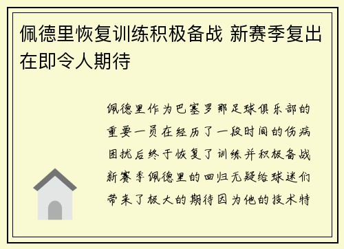 佩德里恢复训练积极备战 新赛季复出在即令人期待 佩德里恢复训练积极备战 新赛季复出在即令人期待